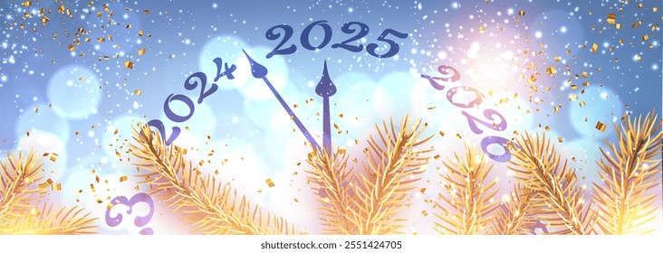 Vector illustration featuring a clock striking midnight for 2025, golden confetti, and festive pine branches in a glowing design.