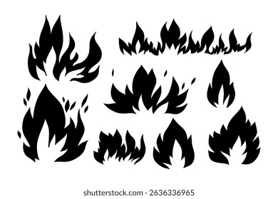 Vector illustration featuring a collection of abstract black flame shapes in various dynamic forms. Bold fire silhouettes isolated on a white background