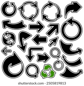 Vector illustration featuring a collection of black and green arrows in various directions with bold white outlines and diverse styles.
