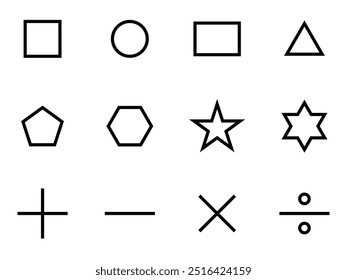 Vector illustration featuring a collection of geometric and arithmetic symbols. Suitable for patterns, children's books, educational materials, and design projects.