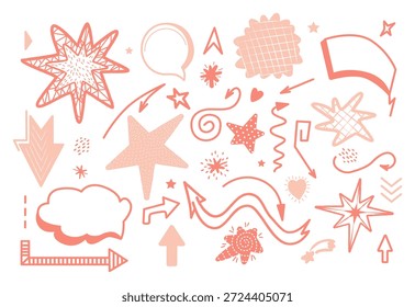 Vector illustration featuring a collection of hand-drawn doodle elements like stars, arrows, and speech bubbles. These playful sketches add whimsy and creativity to any design.