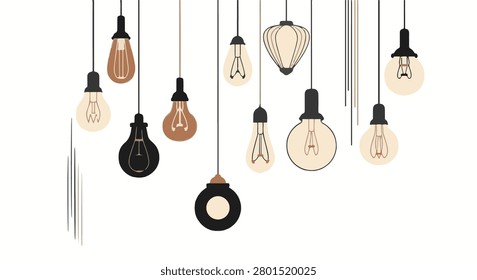 Vector illustration featuring a collection of hanging light bulbs in various shapes and styles, including Edison and lantern types, with thin black outlines on a white background.