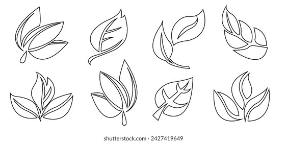 Vector illustration featuring a collection of six different leaf designs in black and white, ideal for spring-themed graphics