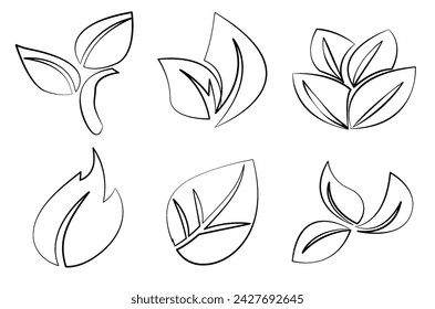 Vector illustration featuring a collection of six different leaf designs in black and white, ideal for spring-themed graphics