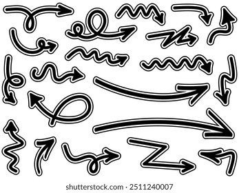 Vector illustration featuring a collection of unique wavy, looping, and zigzag black arrow icons with bold white outlines.