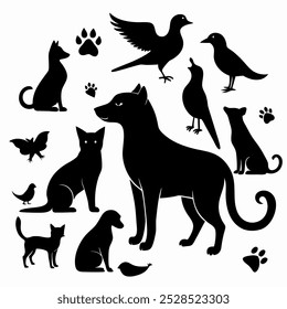 A vector illustration featuring a collection of various animals, including a dog, cat, birds, and a bat, all silhouetted in black against a white background.