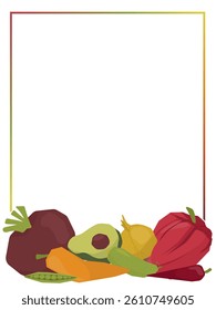 Vector illustration featuring a colorful assortment of vegetables forming a border. Includes beet, avocado, corn, carrot, pepper, and cucumber, ideal for food-related designs.