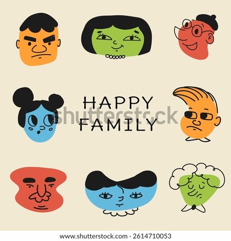 Vector illustration featuring a colorful set of quirky cartoon faces labeled Happy Family. Perfect for kids’ books, prints, posters, or playful editorial designs.