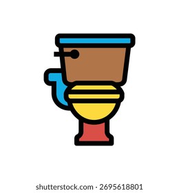 Vector illustration featuring a colorful stylized toilet bowl with a blue seat and lid, yellow bowl, brown tank, and red pedestal on a white background.
