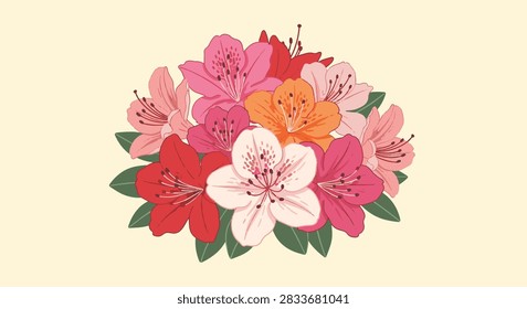 Vector illustration featuring a compact cluster of azalea flowers in shades of pink, red, white, and orange with green leaves against a light cream background for floral design.