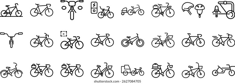 Ilustração de vetor com uma coleção abrangente de vários ícones editáveis de bicicleta de arte de linha define designs.
