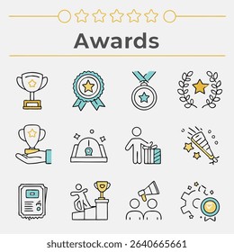 Vector illustration featuring a comprehensive icon set of awards and recognition symbols, perfect for celebrating achievement and success in various contests and ceremonies.