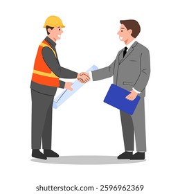 A vector illustration featuring a construction worker (engineer) and a businessman shaking hands, symbolizing agreement and partnership in a project.