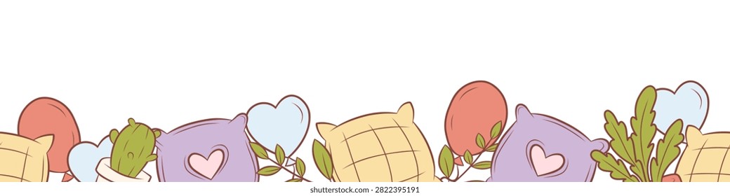 A vector illustration featuring cosy cushions, balloons, cacti and houseplants, suitable for fabric, wallpaper, stationery, textiles, packaging, scrapbooking, childrens room decor and interior design