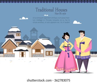 Vector illustration featuring a couple dressed in Korean traditional costume called Han-bok. Korean traditional village "Hanok" on the background. 