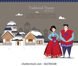 Vector illustration featuring a couple dressed in Korean traditional costume called Han-bok. Korean traditional village "Hanok" on the background. 