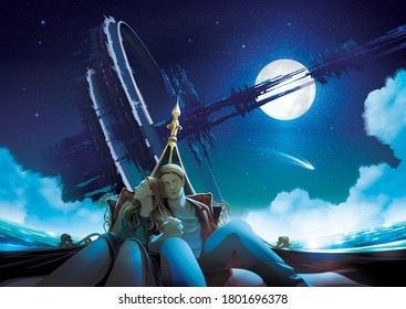 Vector Illustration featuring a couple having time together in a gondola boat at night with the massive futuristic structure that orbiting around the earth in space at the background