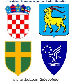 Vector illustration featuring Croatian coats of arms: Republic of Croatia (Republika Hrvatska), Istria County (Istarska županija), City of Pula (Grad Pula), and Medulin Municipality (Općina Medulin).