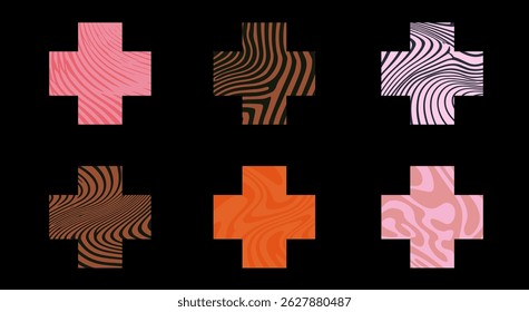 Vector illustration featuring cross shapes, each filled with different colorful and wavy abstract patterns in vibrant hues, against a black background. Perfect for modern, playful, creative design 