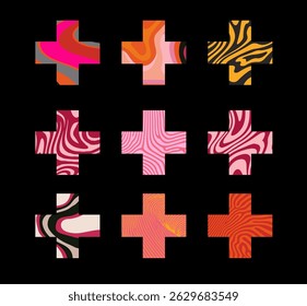 Vector illustration featuring cross shapes, each filled with different colorful and wavy abstract patterns in vibrant hues, against a black background. Perfect for modern, playful, creative design 