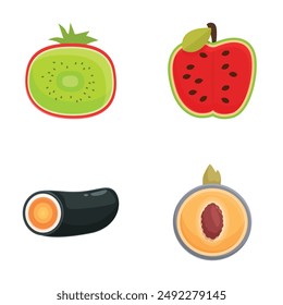 Vector illustration featuring crosssections of kiwi, watermelon, eggplant, and peach