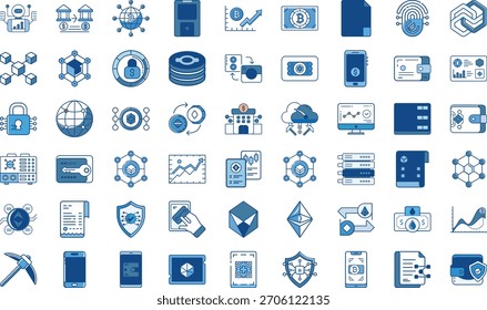 Ilustración vectorial con íconos de criptomonedas y tecnología blockchain. Diseño escalable...