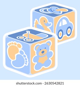 A vector illustration featuring cute baby boy building blocks in blue. Editable vector available.