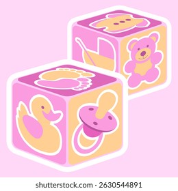 A vector illustration featuring cute baby girl building blocks in pink. Editable vector available.