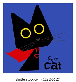 Vector illustration featuring a cute black cat superhero. Illustration, print, icon, postcard, poster for cat lovers and superheroes