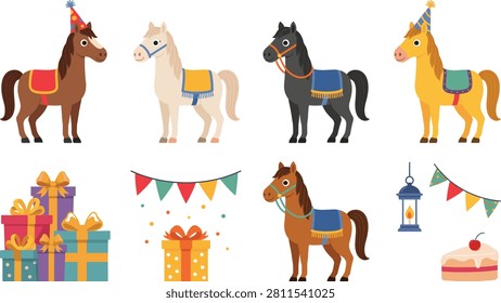 Vector illustration featuring decorated horses with saddles and party hats, surrounded by gift boxes, bunting flags, lantern, and cake. Perfect for festive projects, cultural celebrations, and creative design concepts.