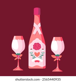 A vector illustration featuring a decorative champagne bottle and two glasses, designed in a romantic style with soft pink hues. Perfect for Valentines or celebratory themes.