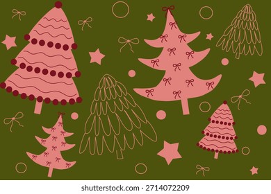 Vektorgrafik mit dekorativen rosafarbenen Weihnachtsbäumen und Sternen auf tiefem Olivenhintergrund. Moderne, trendige Urlaubskunst für Winter- und festliche Grafikdesign-Projekte.