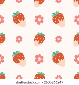 Vector illustration featuring a delightful seamless pattern of strawberries with cream and pink flowers on a light background