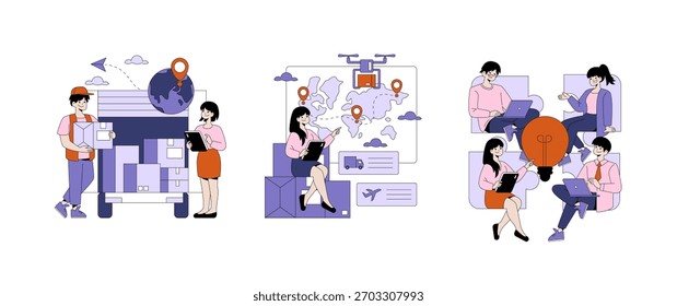 Vector illustration featuring a delivery person and team collaborating on logistics using a tablet and map. Shows parcel stacking, global shipping routes, and creative teamwork. - Powered by Shutterstock - Get 15% off with code: PIKWIZARD15
