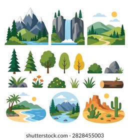Vector illustration featuring different types of pine trees and green plants in bright colors