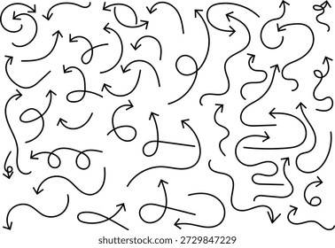 Vector illustration featuring a diverse collection of black arrows in various styles straight, curved, looped, zigzag, and spiral on a white background. Ideal for diagrams, flowcharts, presentations, UI elements, and creative design projects.
