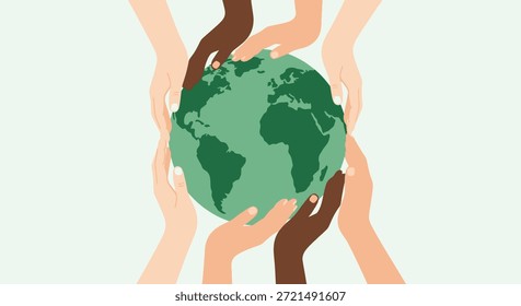 Una Ilustración vectorial que presenta un grupo diverso de manos de diferentes tonos de piel que abrazan el mundo, simbolizando la unidad, la conciencia ambiental y la cooperación global. Esta Imagen promueve los temas