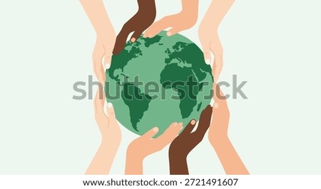 A vector illustration featuring a diverse group of hands of different skin tones embracing the globe, symbolizing unity, environmental awareness, and global cooperation. This image promotes themes