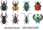 Vector illustration featuring a diverse set of beetles including scarab, ladybug, stag beetle, and longhorn species in vibrant artistic styles. Perfect for educational materials, entomology projects, nature-themed designs, and decorative artwork.