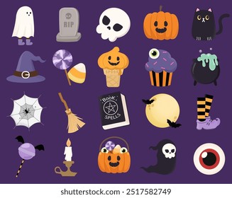 Eine Vektorgrafik mit einem vielfältigen Set von Symbolen zum Thema Halloween, darunter ein Geist, Kürbis, Besen und ein Hexenhut, ideal für festliche Designs.