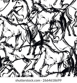 A vector illustration featuring dynamically moving horses in black and white. The horses are shown in various poses, creating a sense of movement and energy