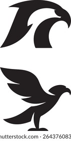 A vector illustration featuring an eagle head and a flying eagle silhouette. Powerful bird of prey design element.