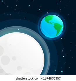 A vector illustration featuring the Earth and Moon globe, showcasing a flat planet Earth icon against an outer space backdrop. This depiction offers a simplified representation of our planet and its 