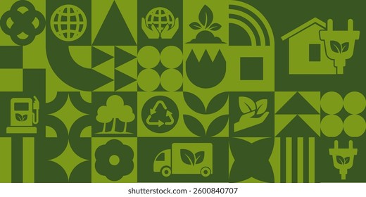 A vector illustration featuring eco-friendly energy symbols, including a fuel pump, globe, leaves, battery, plug, and a delivery truck. The design is in a flat, modern style with green tones.