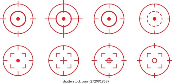 Ilustração vetorial com oito linhas de mira vermelhas e desenhos de alvo em um plano de fundo preto. Inclui círculos concêntricos, colchetes e marcadores de precisão. Ideal para HUDs de jogos, sobreposições de escopo, elementos de UI e interfaces de simulação.