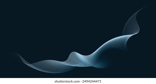 Vector illustration featuring elegant concentric blue and black swirls, resembling a three-dimensional space-time fabric, creating a mesmerizing particle flow. Set against a dark background.