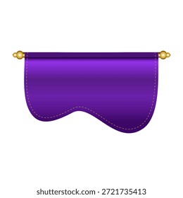 Ilustração vetorial com um elegante banner ou pergaminho roxo real, suspenso de uma haste dourada com finais ornamentados. O banner tem uma borda inferior ondulada distinta e é adornado com costura tracejada decorativa, oferecendo um quadro sofisticado para texto, títulos ou anúncios. Isolado em um fundo branco, este elemento gráfico versátil é perfeito para certificados, prêmios, marcas de luxo, eventos especiais ou qualquer design que exija um toque de elegância clássica.
