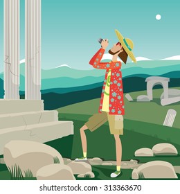 Vector illustration featuring excursionist photographs the ancient sights in open terrain