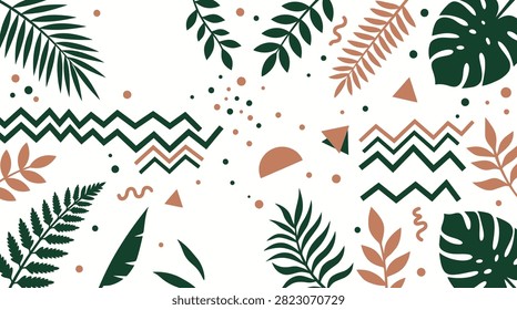 Vector illustration featuring exotic plant leaves mixed with zigzag lines and earth tone shapes on white background.