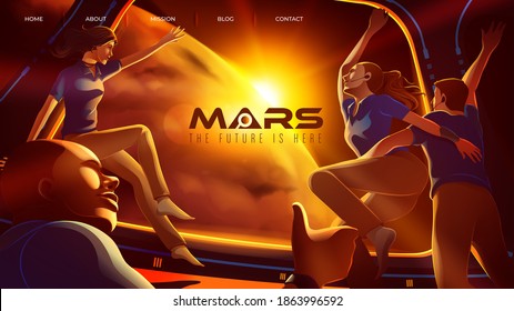 Vector illustration featuring the expedition of 4 space astronauts congratulate together inside the spaceship for arriving the mars 